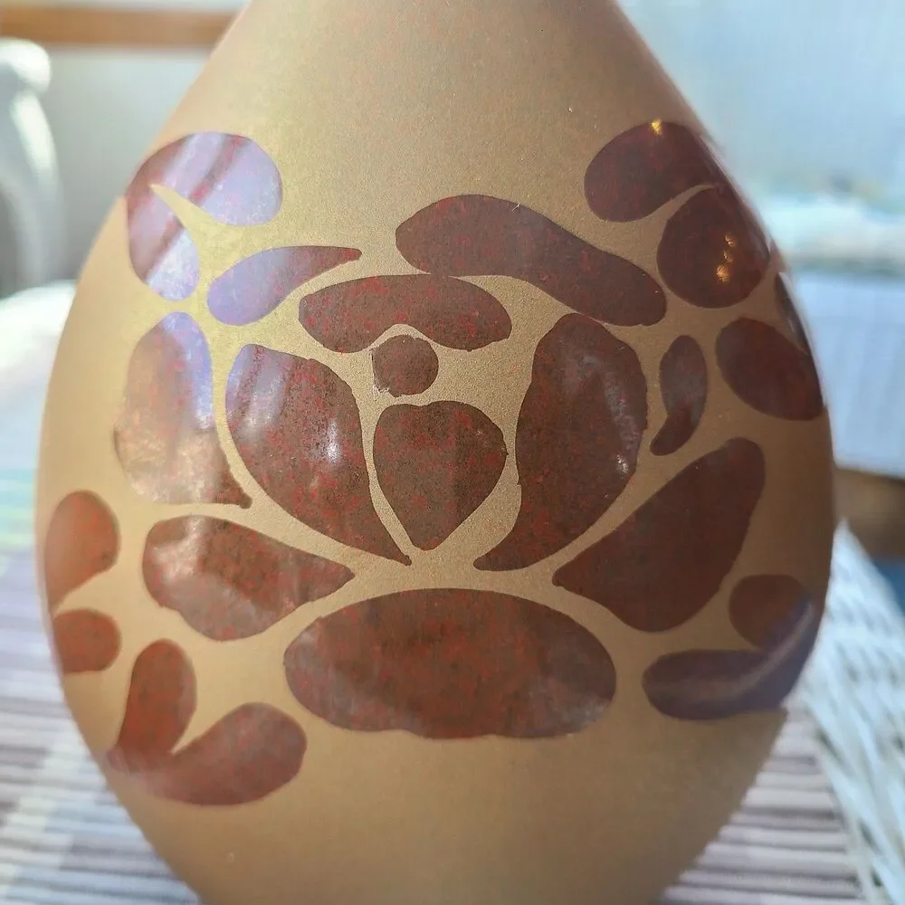 Vintage Matte Bronze On Bronze Slip Cast Pottery Vases With Rose & Leaves Design